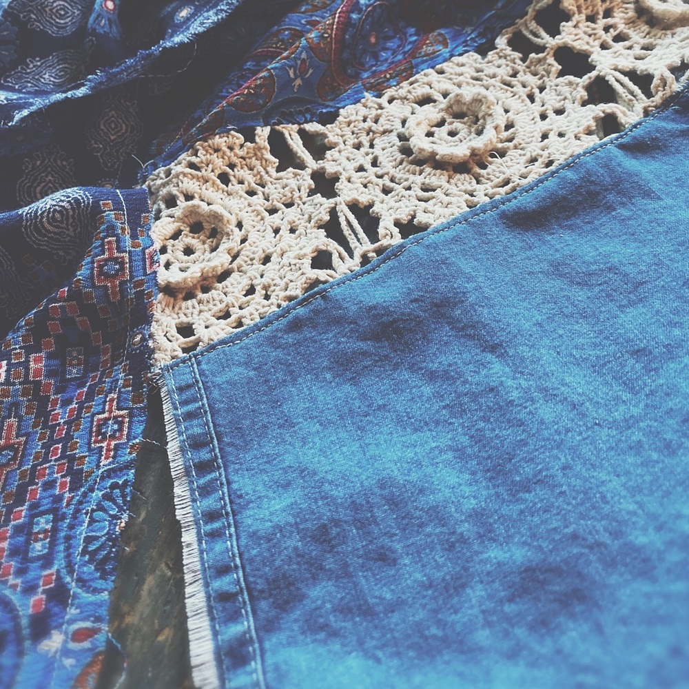 OOAK Artisan Denim Flair Raw Hem Wrap - 134” Long Aztec Medallion Scarf - Picture 15 of 16